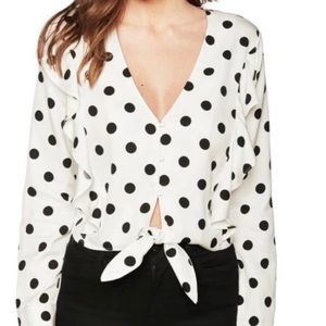Bardot Black and White Polka Dot Button up Blouse with Tie Front in Size Small